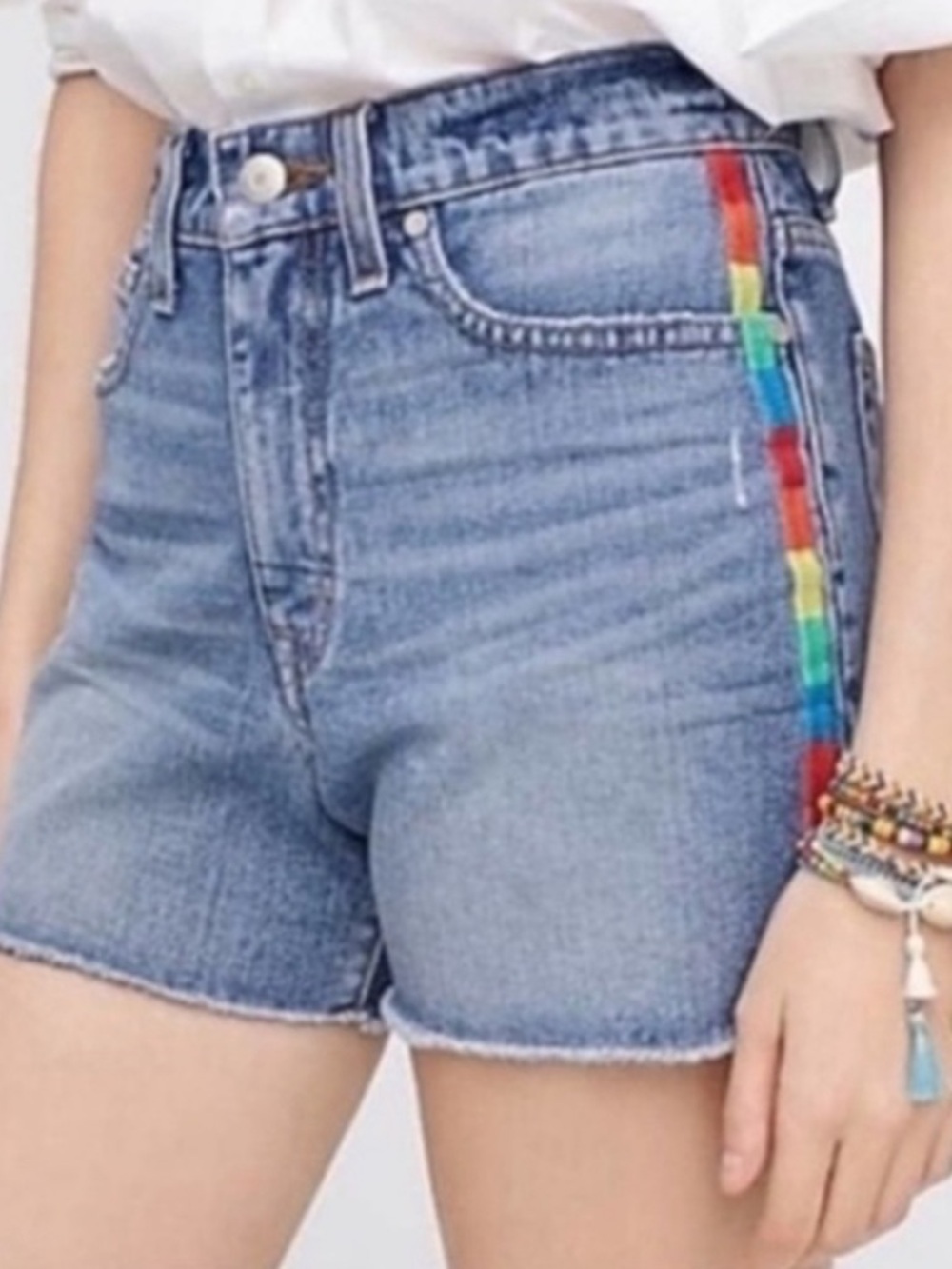 J.Crew Point Sur Blue Denim Raw Hem Cutoff Shorts with Rainbow Side Trim size 25